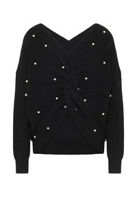 Maglione nero con un design frontale attorcigliato, arricchito da dettagli in perle e texture a costine. La forma a V e le maniche lunghe completano il look.