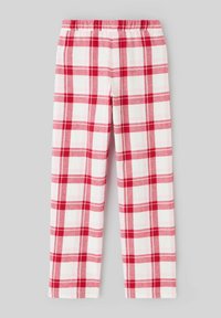 Pantalons à carreaux avec une base blanche, présentant des motifs à carreaux rouges et roses, une taille élastique, des jambes droites et des ourlets soignés. Texture de tissu douce.