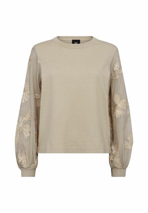 Beige sweater with a ribbed body and sheer, embroidered balloon sleeves featuring floral patterns and a rounded neckline.