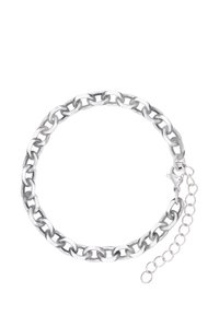 Bracciale in argento con anelli ovali intrecciati, finitura lucida, dotato di chiusura e catena regolabile per adattare la misura.