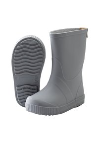 Gray rubber rain boots with a textured finish, low ankle design, and a ridged sole. Made in Poland, featuring a pull tab for easy wear.