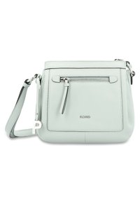 Borsa a tracolla in pelle verde menta chiaro con superficie texturizzata, tasca frontale con zip e accenti in metallo argentato. Inclusa tracolla regolabile.