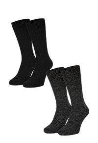 Zwei Paare von Crew-Socken: ein Paar in uni Schwarz, das andere in Dunkelgrau mit einem strukturierten Melangenmuster. Beide haben gerippte Bündchen und eine weiche Verarbeitung.