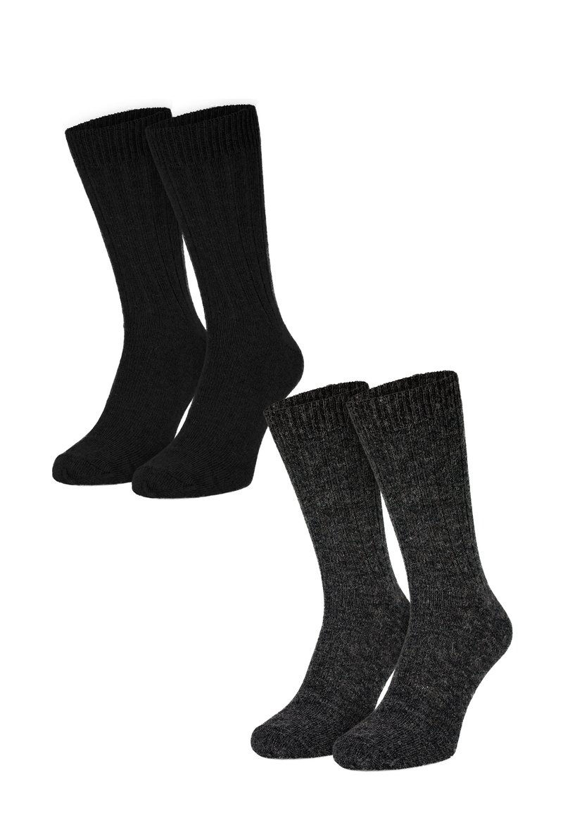 Zwei Paare von Crew-Socken: ein Paar in uni Schwarz, das andere in Dunkelgrau mit einem strukturierten Melangenmuster. Beide haben gerippte Bündchen und eine weiche Verarbeitung.