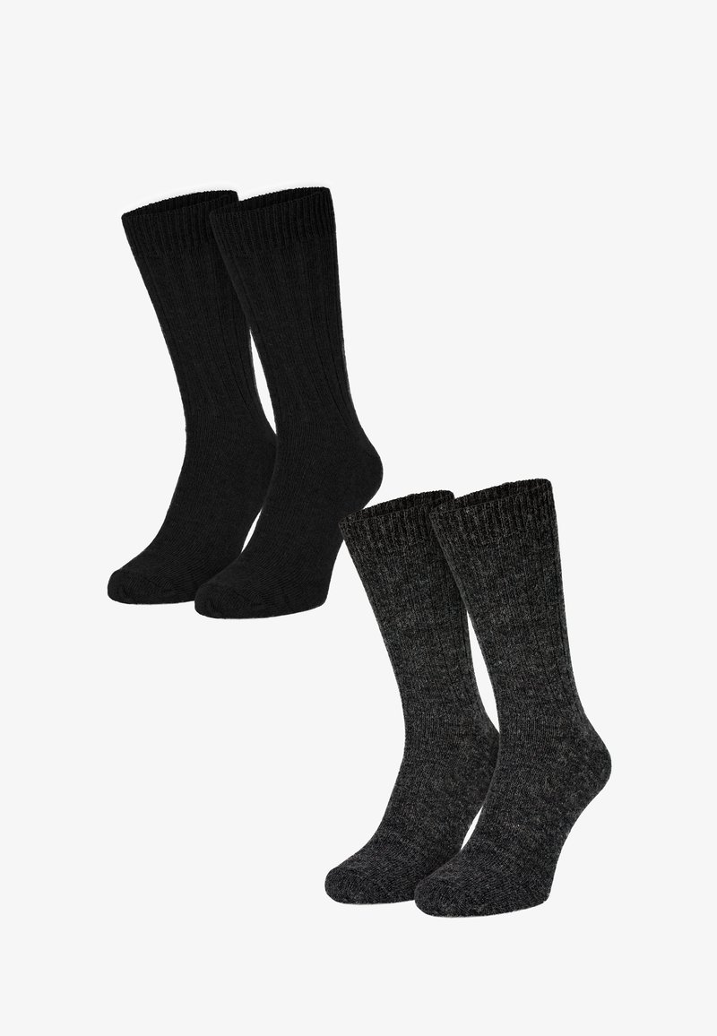 Two pairs of crew socks: one solid black, one dark gray with a textured heather pattern. Both have ribbed cuffs and a soft finish.