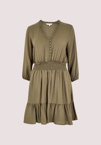Olivgrünes, langärmeliges Kleid mit V-Ausschnitt, Knopfleiste, gesmokter Taille und Rüsche am Saum. Es zeichnet sich durch ein strukturiertes Diamantmuster aus.