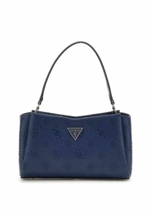 Sac à main synthétique bleu marine avec motif de logo en relief, accent de logo triangulaire, forme structurée et une seule poignée incurvée.