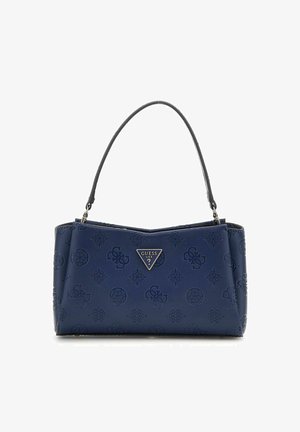 Sac à main synthétique bleu marine avec motif de logo en relief, accent de logo triangulaire, forme structurée et une seule poignée incurvée.