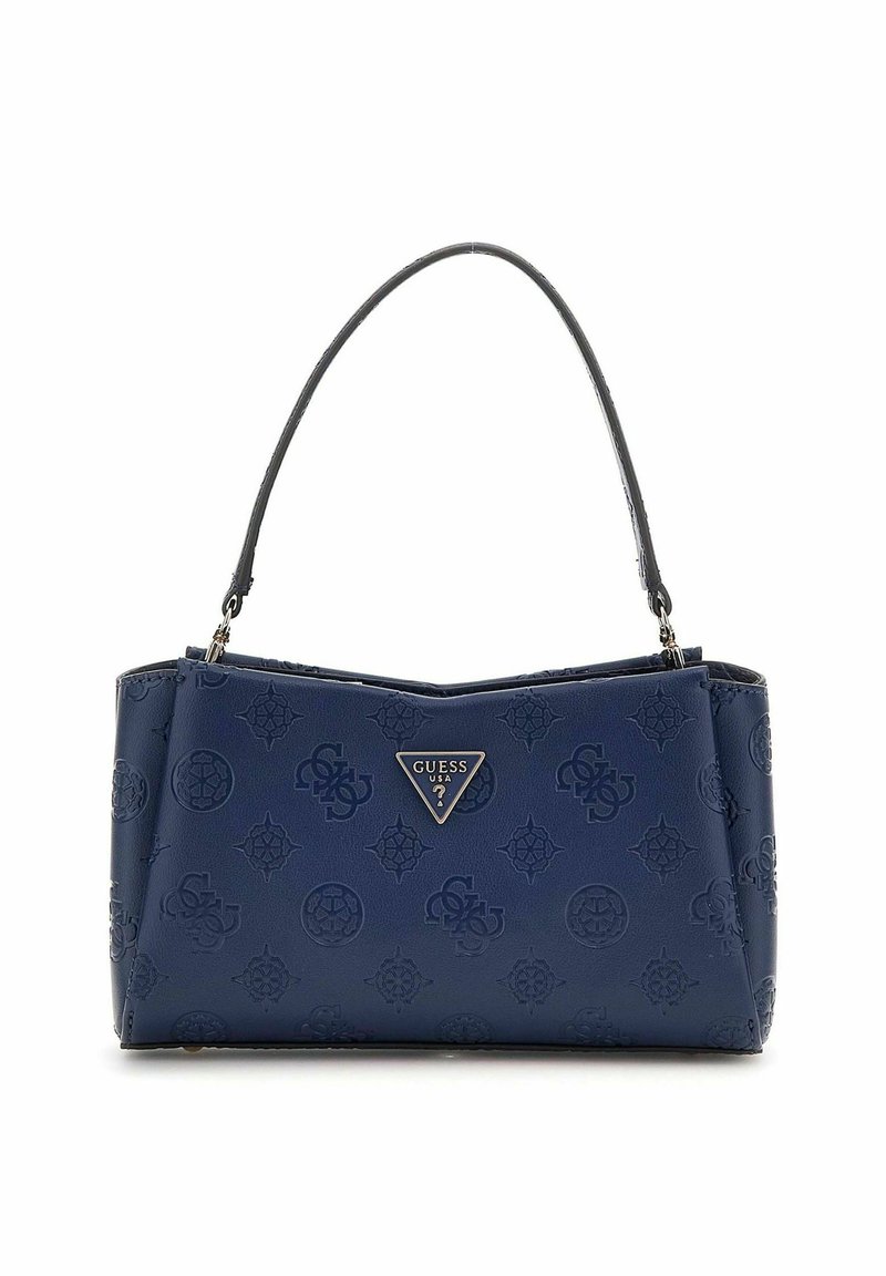 Sac à main synthétique bleu marine avec motif de logo en relief, accent de logo triangulaire, forme structurée et une seule poignée incurvée.