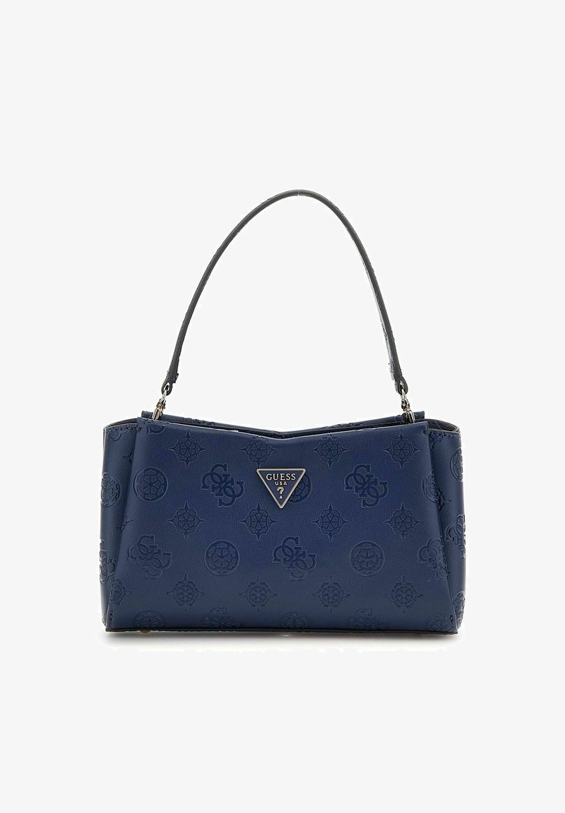 Sac à main synthétique bleu marine avec motif de logo en relief, accent de logo triangulaire, forme structurée et une seule poignée incurvée.