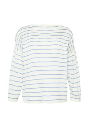 Camiseta blanca de manga larga con rayas horizontales azules. Tiene un escote ancho y un corte holgado, realizada en una tela suave con una textura lisa.