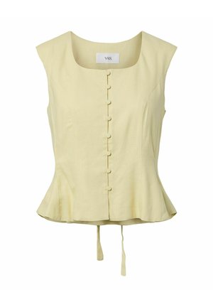 Sleeveless pale yellow blouse with scoop neck, front-covered buttons, a slight peplum hem, and two hanging fabric ties at the back.
