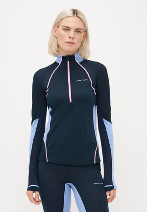 Jūras kara flotes garām piedurknēm sporta krekls ar augstu apkakli, rozā rāvējslēdzēju un ziliem akcentiem uz piedurknēm un sāniem; izgatavots no mitrumu novērsto materiālu.