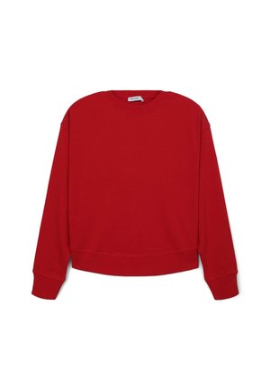 Sweatshirt rouge en tissu doux, avec un col rond, des manches longues et une coupe décontractée, dotée de bords-côtes aux poignets et à l'ourlet.