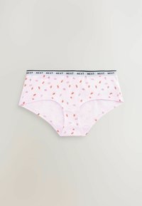 Roze katoenen boyshorts met kleine fruitpatronen, voorzien van een zwarte elastische tailleband met "NEXT" in het wit gedrukt.