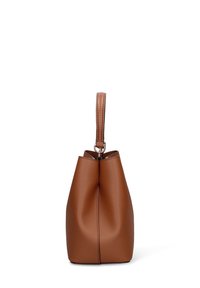 Bruine synthetische leren tas met taps toelopende vorm, uitgerust met een bovenhandgreep en tonale stikdetail. Soepel gestructureerd oppervlak.