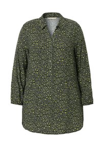 Camicia nera morbida con un motivo astratto verde e giallo. Dotata di colletto, chiusura con bottoni e maniche a tre quarti. Tessuto morbido.