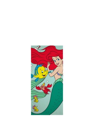 Mermaid with long red hair and green tail swims with a yellow fish, red crab, and two small yellow seahorses underwater.
