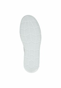 Witte rubberen schoenzool met textuurpatronen en groeven voor grip, met een afgeronde neus en iets verhoogde randen.