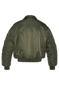 Olive green bomber jacket, shiny nylon material, cropped length, ribbed cuffs and hem, textured sleeves with gathered detailing.