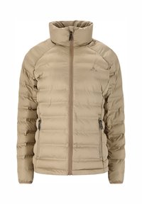 Beige dunjakke med høj krave, frontlynlås og to sidelommer. Har tekstureret quilt og minimal branding på brystet.