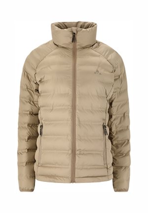 Beige donzen jack met hoge kraag, ritssluiting aan de voorkant en twee zijzakken. Heeft een doorgestikte structuur en minimale merkopdruk op de borst.