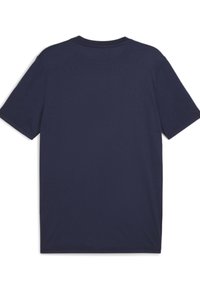 Donkerblauw katoenen t-shirt met korte mouwen, ronde hals en een gladde textuur. De achterkant is eenvoudig zonder aanvullende patronen of grafieken.