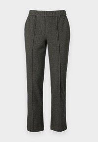 Gray tailored trousers with a textured fabric, featuring an elastic waistband, straight legs, and front crease detailing.