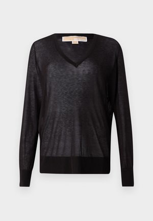 Pulover negru, ușor, cu decolteu în V, cu mâneci lungi și tiv ondulat. Materialul pare ușor transparent, având o textură moale și un croi lejer.