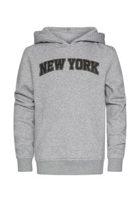 Sivá mikina z bavlnenej zmesi s vreckom, rebrovanými manžetami a spodným lemom, s nápisom "NEW YORK" vytlačeným veľkými čiernymi písmenami cez prednú stranu.