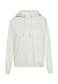 Hellgrauer Kapuzenpullover mit weicher Textur, lockerem Schnitt, überschnittenen Schultern und Kordelzügen an Ausschnitt und Ärmelbündchen.