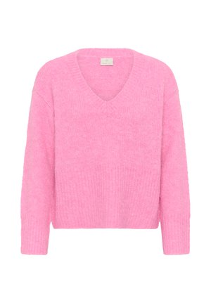 Pull en tricot rose doux à manches longues avec un col en V et des poignets et ourlet côtelés, présenté sur fond blanc.