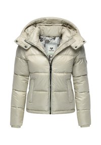 Giacca a vento imbottita in beige chiaro con finitura lucida, cappuccio staccabile, chiusura frontale con zip e due tasche laterali. Interno con fodera a fantasia.