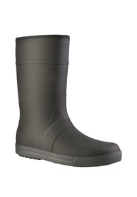 Schwarzer Gummi-Regenstiefel mit glatter Oberfläche, runder Zehenform und strukturiertem Sohlenprofil. Verfügt über ein mittellanges Design und ein verstärktes oberes Band.