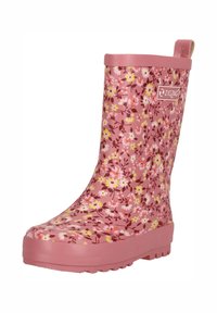 Stivale da pioggia in gomma rosa con motivo floreale che presenta fiori bianchi, gialli e rossi. Finitura leggermente testurizzata con una parte superiore bassa e suola spessa.