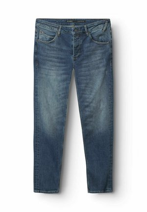 Dunkelblaue Jeans aus Denim mit geradem Bein, Fünf-Taschen-Design, leichtem Used-Look und Kontrastnähten.