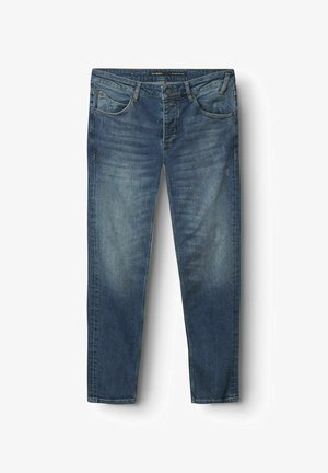 Tamsiai mėlyni džinsai su tiesiomis kojomis, penkių kišenių stilius, švelnūs dėmeliai ir kontrastinga siuvinėjimo kryptis.