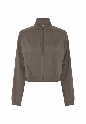 Brūna saīsināta jaciņa ar garām piedurknēm, augstu apkakli, priekšējo rāvējslēdzēju, elastīgu vidukļa joslu un elastīgiem manžetēm.