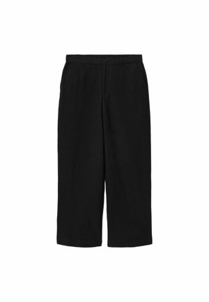 Zwarte broek met wijde pijpen, knoop- en ritssluiting, zijzakken en riemlussen, plat gelegd op een witte achtergrond.