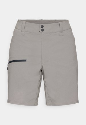 Grau Shorts mit glatter Textur, ausgestattet mit einer Reißverschlusstasche an der Seite, zwei Knopfverschlüssen und einem klassischen Schnitt. Maßgeschneidert für Komfort und Funktionalität.