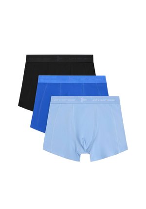 Zestaw trzech męskich bokserek w kolorach czarnym, królewski niebieski i jasny niebieski, ułożonych jedna na drugiej, z widocznymi elastycznymi pasami w talii oznaczonymi marką "diverse".