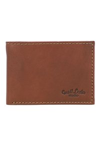 Brązowy portfel skórzany z widoczną teksturą, szyty na brzegach oraz wytłoczonym logo "Gusti Leder studio" w prawym dolnym rogu.