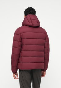Giacca imbottita bordeaux con cappuccio, caratterizzata da sezioni trapuntate, polsini elastici e una texture liscia. Presenta un discreto dettaglio del logo sulla manica.
