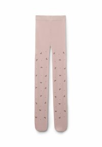 Rosa leggings med en slät textur, en solid övre del och ett mönster av små svarta rosetter och prickar över den nedre halvan.