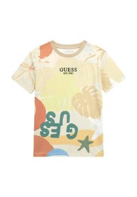 T-shirt a maniche corte in misto cotone con stampe tropicali colorate, "GUESS EST.1981" in lettere nere e design a girocollo.