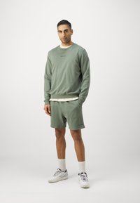 Svetlo zelena sweatshirt in ujemajoče kratke hlače iz mehkega blaga. Ima preprost dizajn s podrobnostmi logotipa. Bele športne čevlje in nogavice.