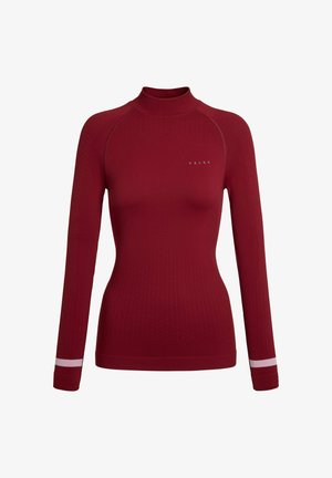 Rode top met lange mouwen en een hoge hals, met een gestructureerd patroon, een nauwsluitend ontwerp en contrasterende witte strepen op de manchetten. Merkembleem zichtbaar.