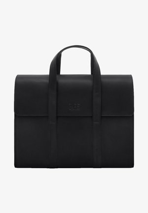 Black leather briefcase with two top handles, flap closure, embossed logo, and a smooth texture. Rectangular shape with clean lines.