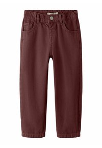 Pantaloni di cotone bordeaux con un classico design a cinque tasche, dotati di chiusura a bottone frontale, gambe dritte e una sottile texture.