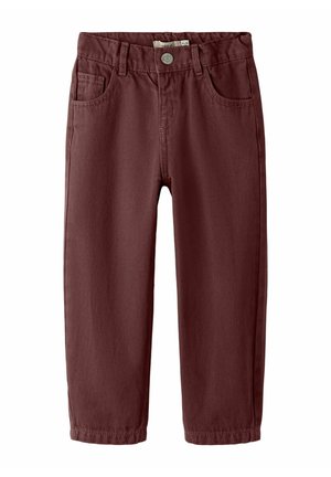Pantaloni di cotone bordeaux con un classico design a cinque tasche, dotati di chiusura a bottone frontale, gambe dritte e una sottile texture.